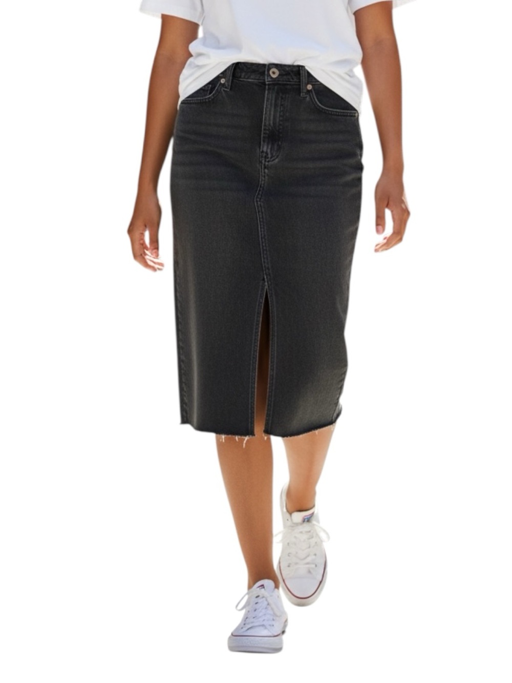 GAP Black Midi Front Slit Denim Skirt with Raw Hem Size 32